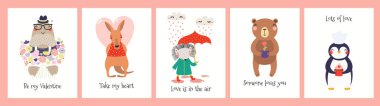 Collection of Valentines day cards with cute funny animals, hearts, quotes isolated on white background. Scandinavian style flat design. Concept for kids print 