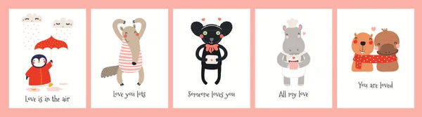 Kolekcja Walentynki Karty Cute Śmieszne Zwierzęta Serca Cytaty Izolowane Białym — Wektor stockowy