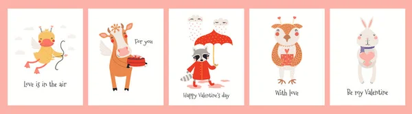 Koleksi Kartu Hari Valentine Dengan Hewan Lucu Hati Kutipan Terisolasi - Stok Vektor