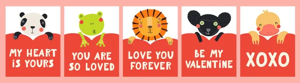 Συλλογή Από Κάρτες Ημέρα Του Αγίου Βαλεντίνου Χαριτωμένα Αστεία Ζώα — Διανυσματικό Αρχείο