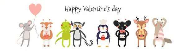 Hand Drawn Card Banner Cute Animals Hearts Text Happy Valentines — ストックベクタ