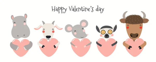 Ręcznie Rysowane Karty Baner Uroczymi Zwierzętami Serca Tekst Szczęśliwych Walentynek — Wektor stockowy