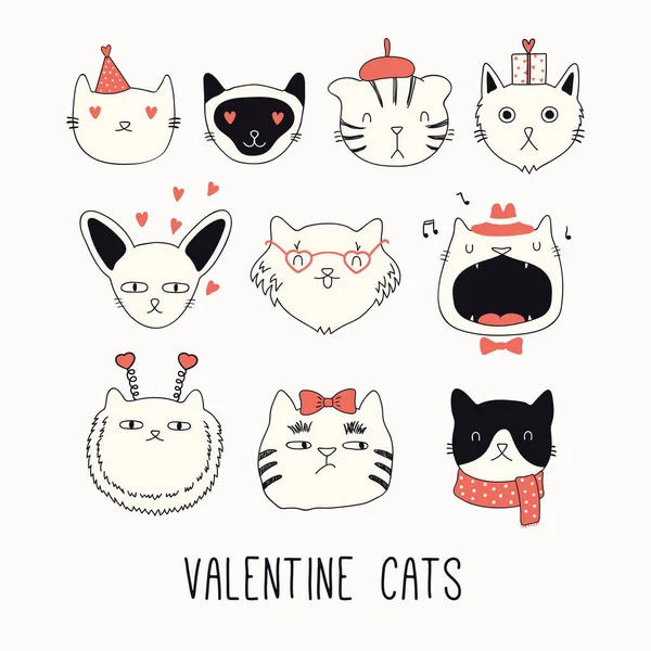 Collection Cute Funny Doodles Different Cats Faces Hearts Isolated White — 스톡 벡터