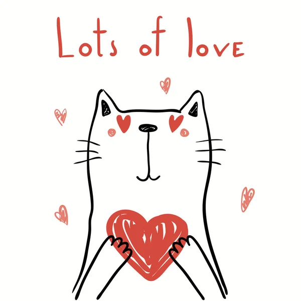 Hand Drawn Vector Illustration Cute Funny Cat Holding Heart Text — 스톡 벡터