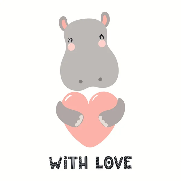 Carte Saint Valentin Dessinée Main Avec Hippopotame Mignon Avec Coeur — Image vectorielle