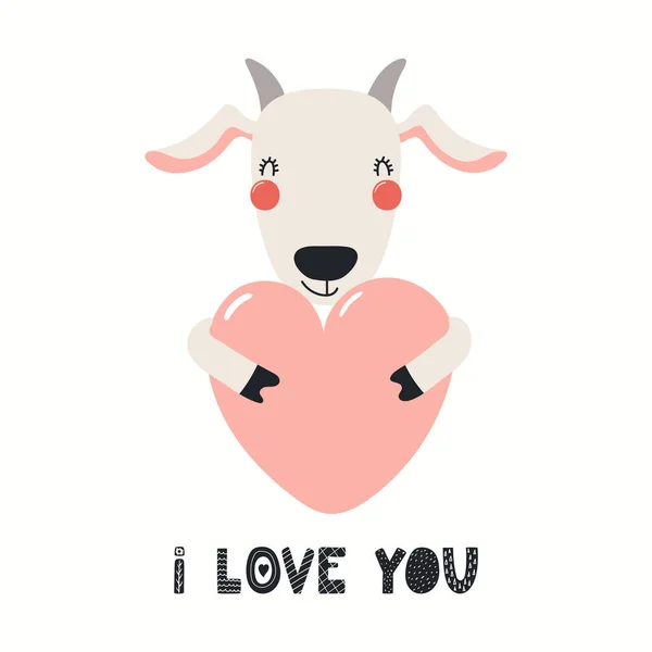 Hand Drawn Valentines Day Card Cute Goat Heart Quote Love — Stok Vektör