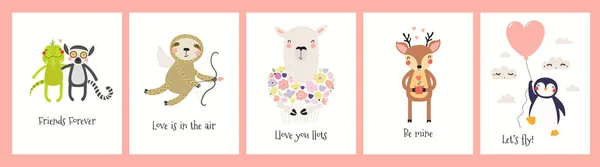 Collection Valentines Day Cards Cute Funny Animals Hearts Quotes Isolated — Stock vektor