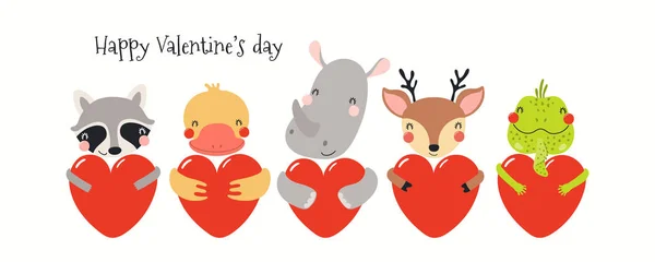 Hand Drawn Card Banner Cute Animals Hearts Text Happy Valentines — 스톡 벡터