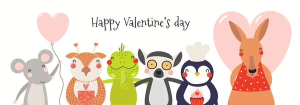 Hand Drawn Card Banner Cute Animals Hearts Text Happy Valentines — ストックベクタ