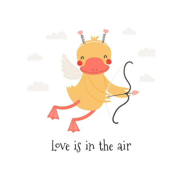 Hand Drawn Valentines Day Card Cute Duck Cupid Quote Love — 图库矢量图片