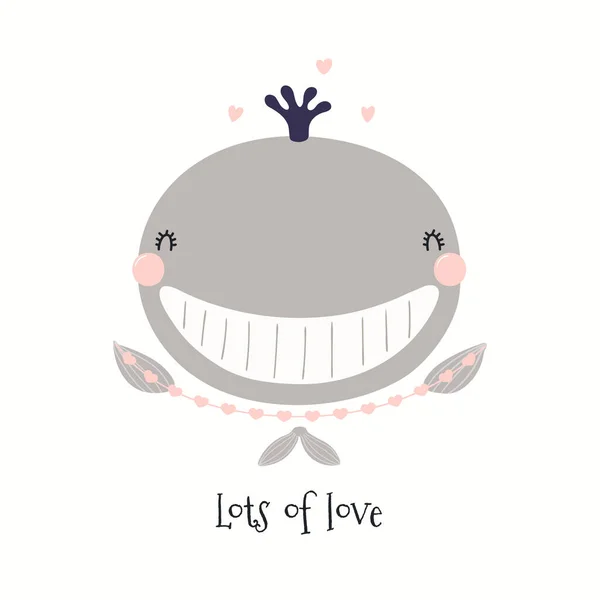 Hand Drawn Valentines Day Card Cute Whale Hearts Quote Lots — ストックベクタ