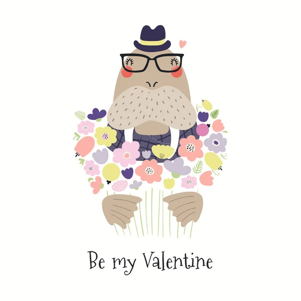 Hand Drawn Valentines Day Card Cute Walrus Flowers Quote Valentine — 스톡 벡터