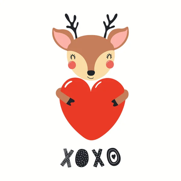 Hand Drawn Valentines Day Card Cute Deer Heart Quote Xoxo — 스톡 벡터