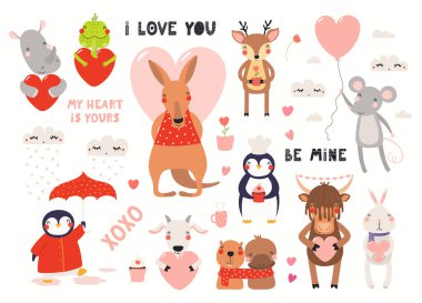 Big Valentines day set with cute animals, hearts, quotes isolated on white background. Scandinavian style flat design. Concept for kids print 