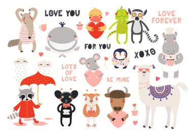 Big Valentines day set with cute animals, hearts, quotes isolated on white background. Scandinavian style flat design. Concept for kids print clipart
