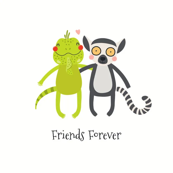 Hand Drawn Valentines Day Card Cute Iguana Lemur Hugging Quote — Stock vektor