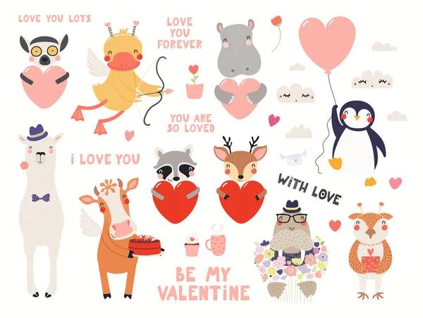 Big Valentines Day Set Cute Animals Hearts Quotes Isolated White — Stock vektor