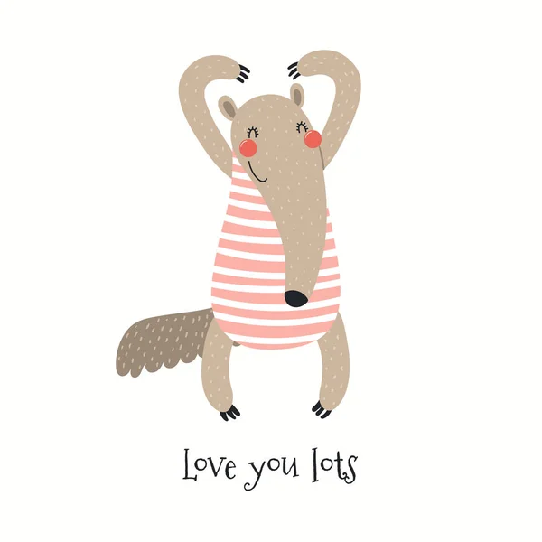 Hand Drawn Valentines Day Card Cute Anteater Making Heart Quote — 图库矢量图片