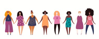 Çeşitli modern kızların el çizimi vektör çizimi. Feminizm anlayışı, kadınlar günü kartı, kadın çizgi film karakterleri..