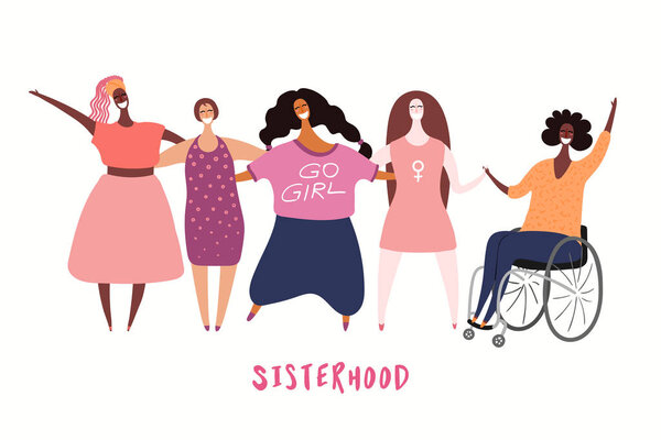 Ручная рисованная векторная иллюстрация различных современных девушек вместе. Концепция феминизма, женская открытка, персонажи мультфильмов
.