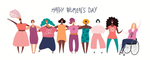 多様な現代女子の手描きベクトルイラストを一緒に フェミニズムの概念 女性の日カード 女性漫画のキャラクター — ストックベクタ