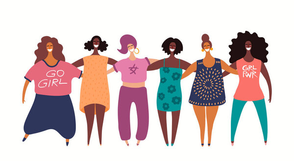 Ручная рисованная векторная иллюстрация различных современных девушек вместе. Концепция феминизма, женская открытка, персонажи мультфильмов
.