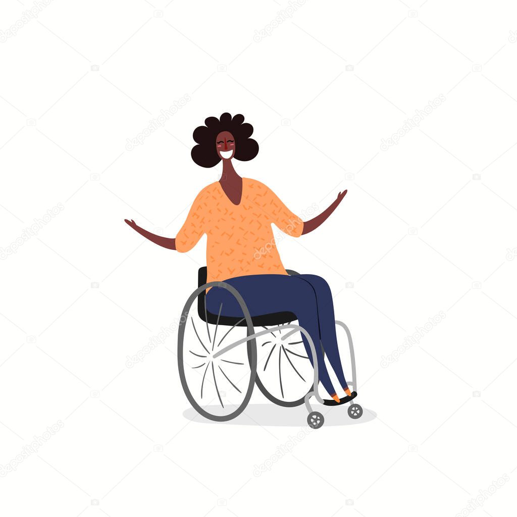 Hand drawn vector illustration of beautiful black woman in wheelchair. Flat style design. Concept of feminism, inclusivity, women day card