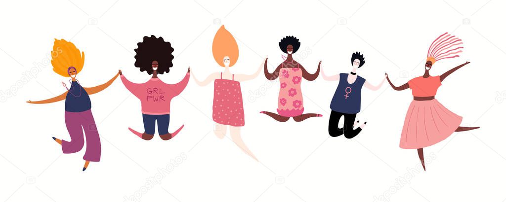 Hand drawn vector illustration of diverse modern girls together. Concept of feminism, women day card, Female cartoon characters.