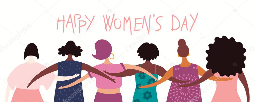 Hand drawn vector illustration of diverse modern girls together with quote Happy women day. Concept of feminism, women day card, Female cartoon characters