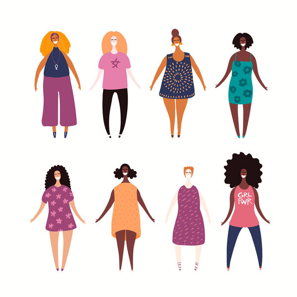 Набор разнообразных красивых девушек в повседневной одежде. Ручной рисунок вектора. Женщины-герои мультфильмов. Концепция феминизма, женская открытка
