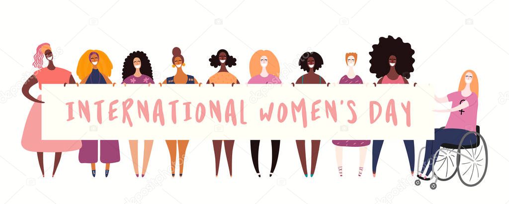 Hand drawn vector illustration of diverse girls holding banner isolated on white background. Hand drawn vector illustration. Concept of modern women. Female cartoon characters 