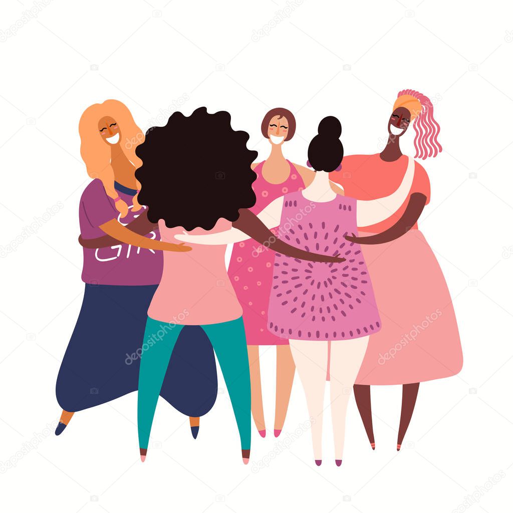 Hand drawn vector illustration of beautiful modern girls together isolated on white background. Hand drawn vector illustration. Concept of modern women. Female cartoon characters 