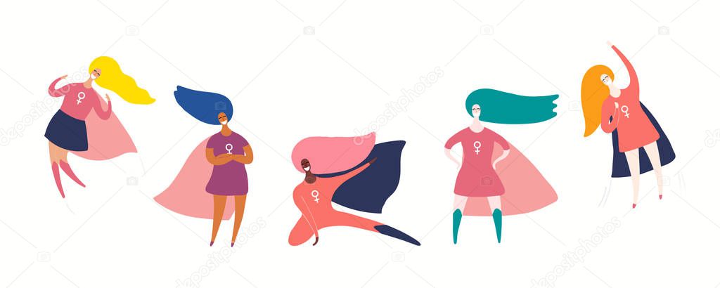 Set of girl superheroes isolated on white background. Hand drawn vector illustration. Concept of women day. Female cartoon characters 