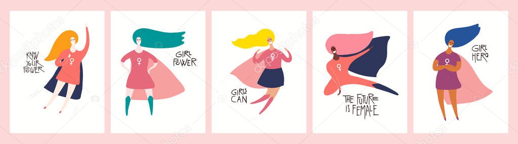 Set of womens day card with beautiful girls superheroes and quotes. Hand drawn vector illustration. Concept of girl power. Female cartoon characters