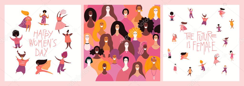 Set of women day card with beautiful diverse girls and quotes. Hand drawn vector illustration. Concept of girl power. Female cartoon characters