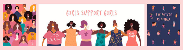 Набор женских дневных открыток с красивыми разнообразными девушками и цитатами. Ручной рисунок вектора. Понятие женской силы. Персонажи мультфильмов
