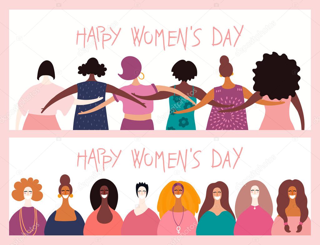 Set of women day card with beautiful diverse girls and quotes. Hand drawn vector illustration. Concept of girl power. Female cartoon characters