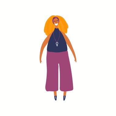 Beyaz arka planda izole edilmiş günlük giysiler içindeki güzel koyu tenli kızın el çizimi tasviri. Kadın çizgi film karakteri. Modern kadın konsepti