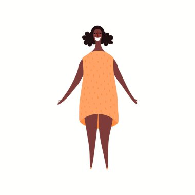 Beyaz arka planda izole edilmiş günlük giysiler içinde güzel siyah bir kızın el çizimi çizimi. Kadın çizgi film karakteri. Modern kadın konsepti