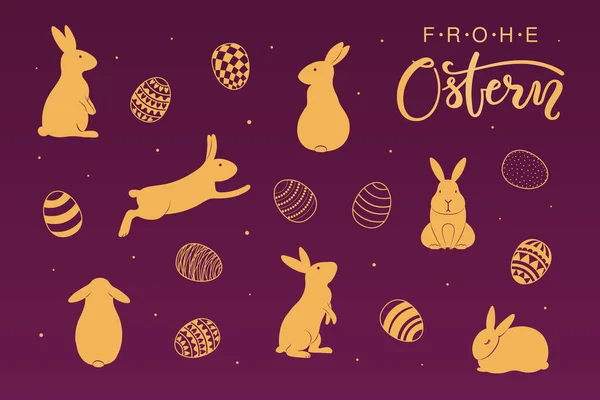 Banner Ontwerp Met Schattige Konijnen Eieren Duitse Tekst Happy Easter — Stockvector