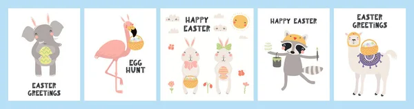 Kolekcja Wielkanocnych Kartek Uroczymi Zwierzętami Jajkami Kwiatami Tekstem Ręcznie Rysowany — Wektor stockowy