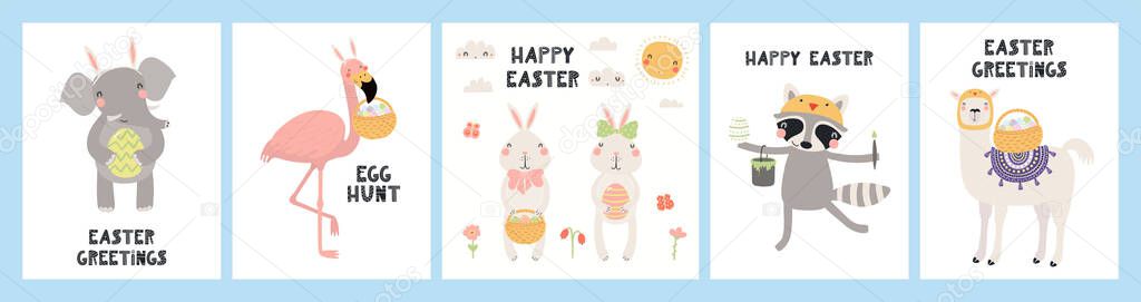 Collection of Easter greeting cards with cute animals, eggs, flowers, text. Hand drawn vector illustration. Scandinavian style flat design. Concept for children holiday print 