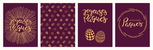 Colección Tarjetas Felicitación Con Huevos Ramas Sunburst Texto Francés Feliz — Vector de stock