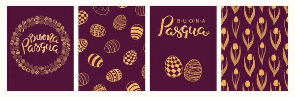 Colección Tarjetas Felicitación Con Huevos Flores Sunburst Feliz Pascua Texto — Vector de stock