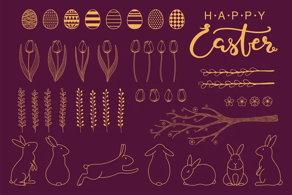 Collection of gold decorative elements with rabbits, eggs, tree branch, tulips, text, flowers, grass, willow catkins for Easter designs — Stock Illustration Collection Gold Decorative Elements Rabbits Eggs Tree Branch Tulips Text Royalty Free Stock Vectors