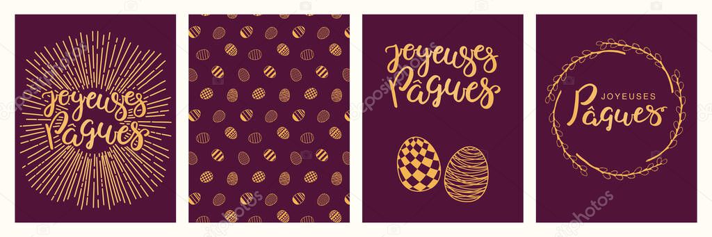 Collection of greeting cards with eggs, branches, sunburst, French text Happy Easter on purple background. Flat style design. Concept for holiday print — Stock Illustration Collection Greeting Cards Eggs Branches Sunburst French Text Happy Easter Stock Vector