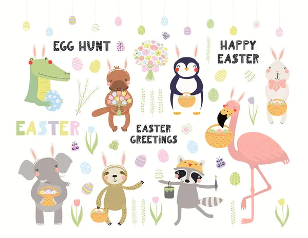 大复活节设置与可爱的动物 报价孤立的白色背景 手绘矢量图解 斯堪的纳维亚风格的平面设计 概念儿童假日印刷品 — 图库矢量图片