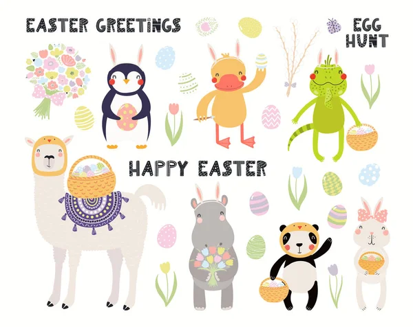 Big Easter Set Cute Animals Eggs Flowers Quotes Isolated White — Stock Vector