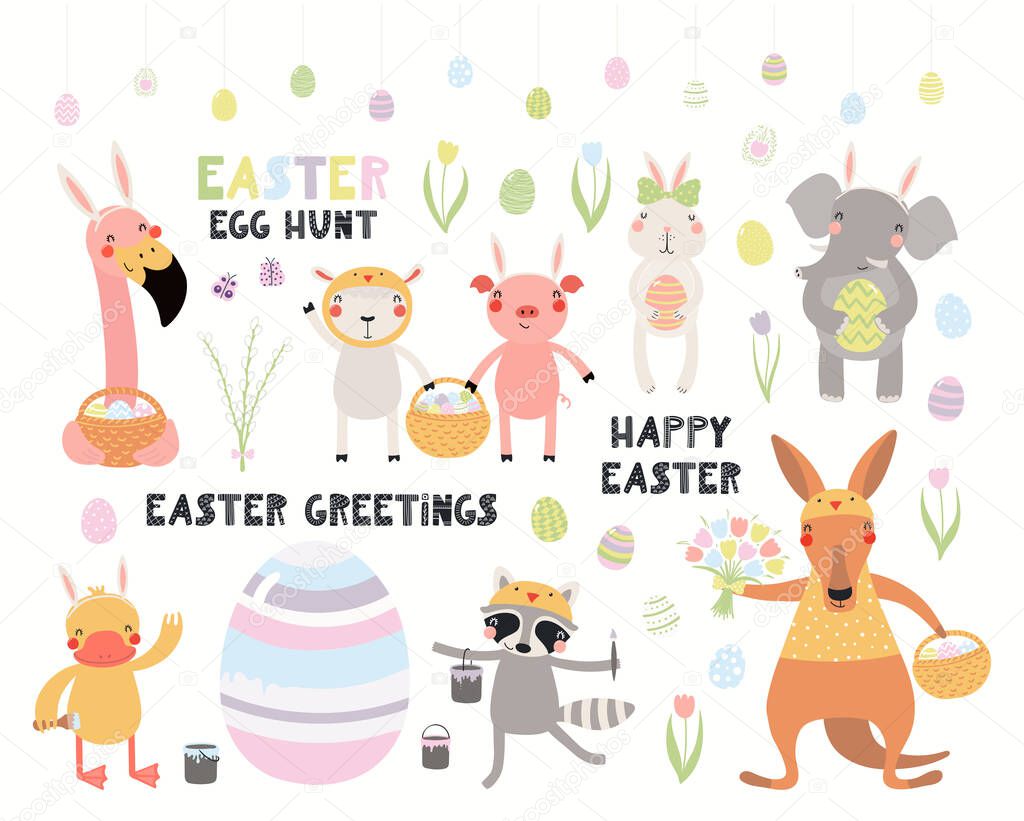 Big Easter set with cute animals and eggs with flowers and quotes isolated on white background. Hand drawn vector illustration. Scandinavian style flat design. Concept for kids holiday print 