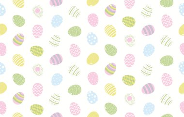 Beyaz arka planda karikatür boyalı yumurtalarla el çizimi kusursuz vektör deseni. İskandinav tarzı düz tasarım. Paskalya Günü için çocuklar tekstil baskısı kavramı 